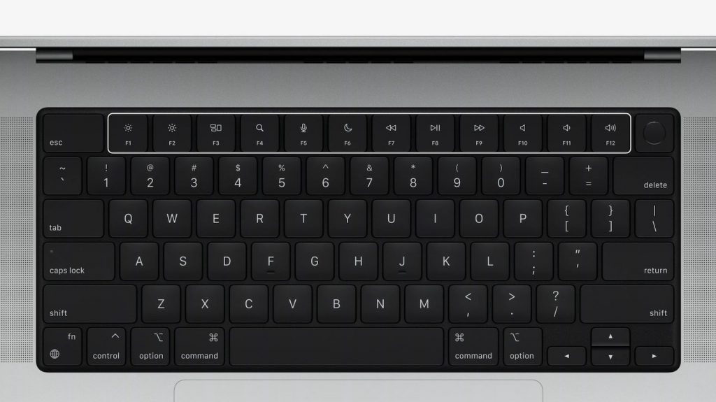 El nuevo teclado MacBook Pro presenta un diseño completamente negro, teclas de función de tamaño completo y un anillo Touch ID