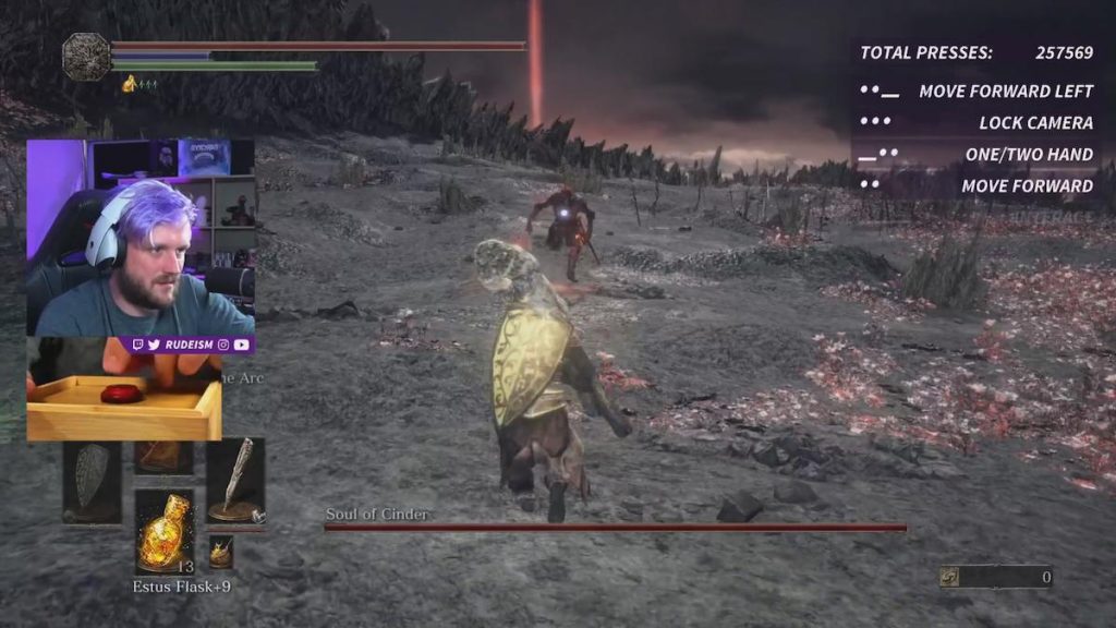Screenshot of Rudeism playing Dark Souls 3 with a one-button controller