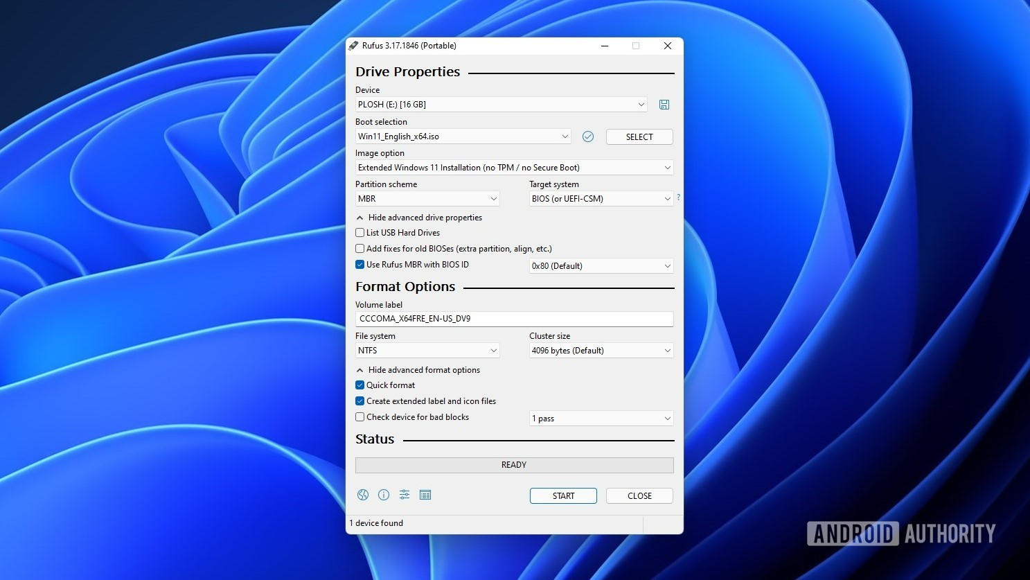 Configuración de Rufus para dispositivos no compatibles en Windows 11