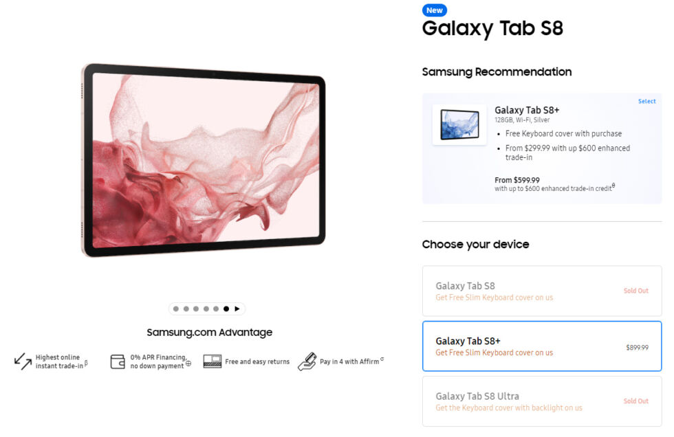 Sitio web de Samsung.  Como puede ver en la parte inferior derecha, todo lo que no sea la Tab S8+ está agotado.