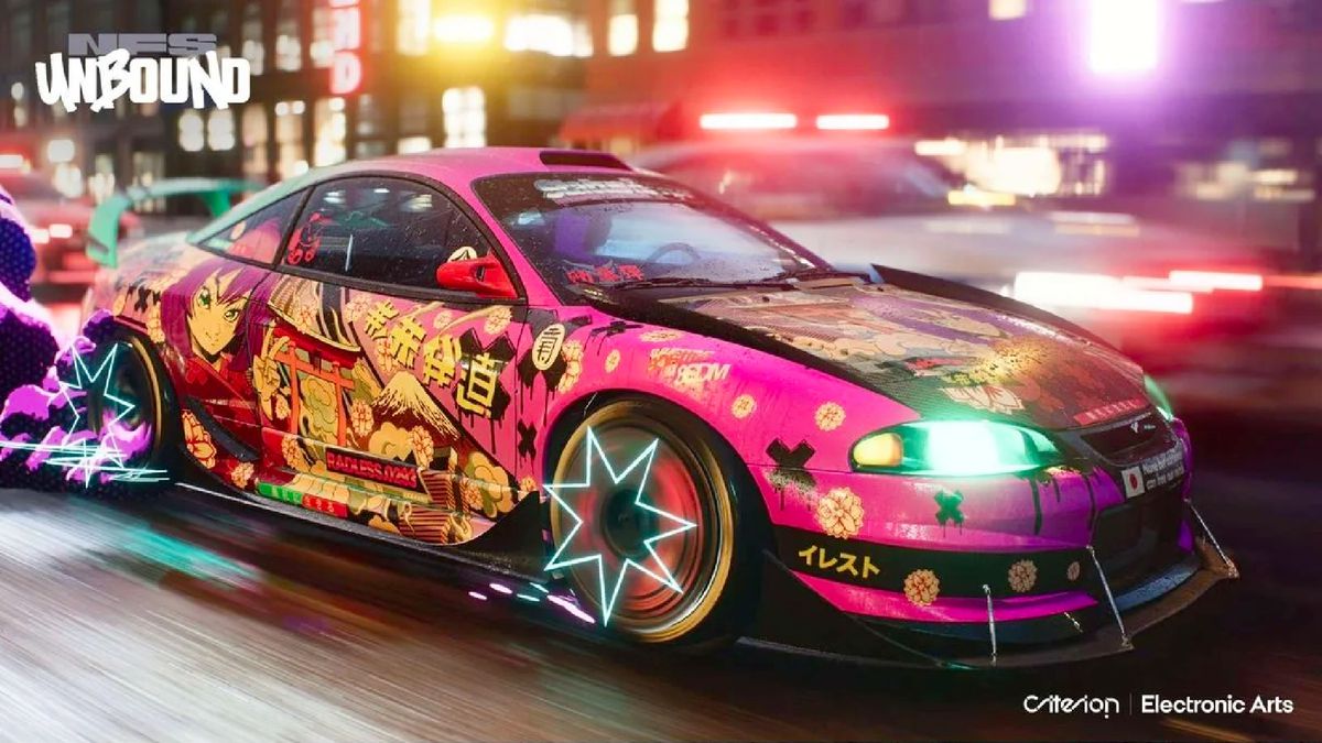 La captura de pantalla promocional de Need For Speed ​​​​Unbound muestra a un corredor callejero sobre un fondo borroso, con formas de estrellas dibujadas a mano sobre sus ruedas giratorias