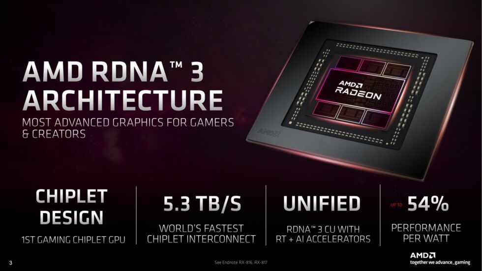 El diseño del conjunto de chips de AMD se muestra en esta toma: un troquel grande en el centro que contiene la mayoría de los recursos informáticos y seis troqueles más pequeños que contienen los controladores de caché y memoria.